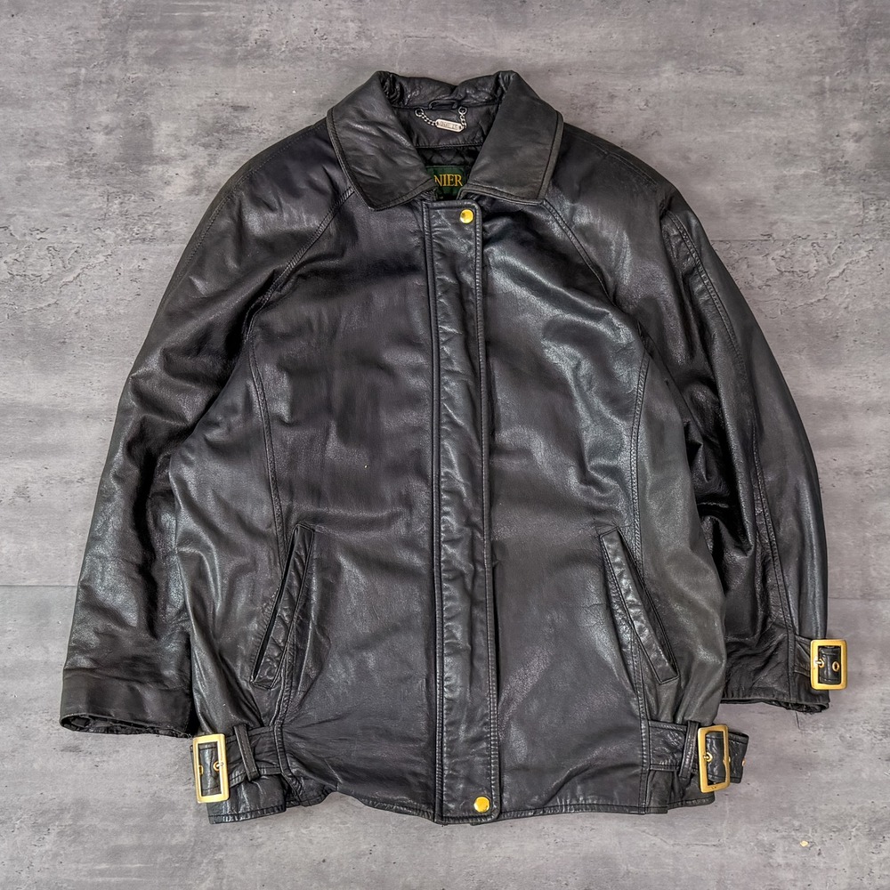 Vintage 90s Danier Black Genuine Leather Moto Jacket Buckle Biker Motorcycle